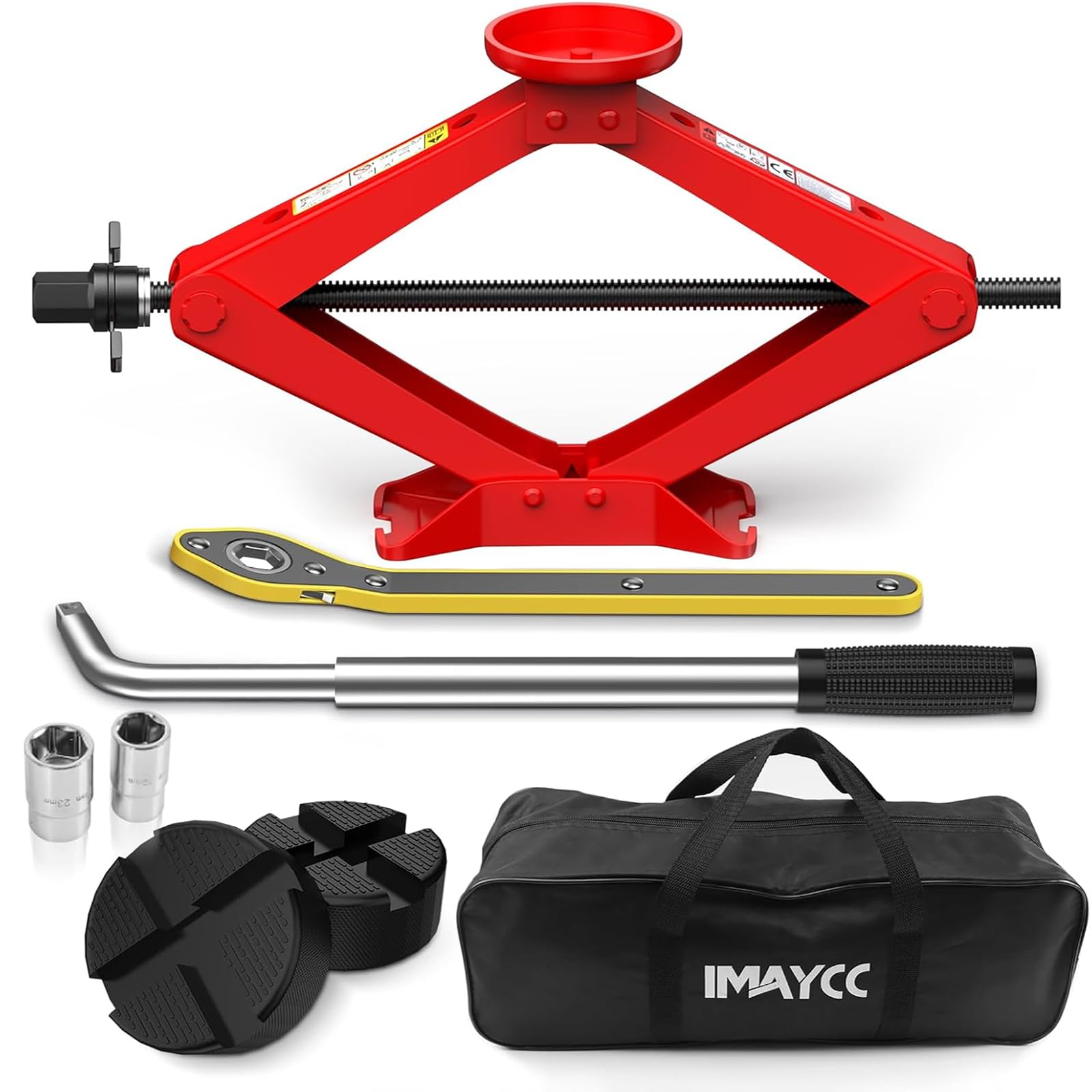 Kit IMAYCC de gato de coche 2.5 toneladas, gato de tijera universal, almohadilla de goma, herramienta portátil de cambio de neumáticos con llave de lengüeta