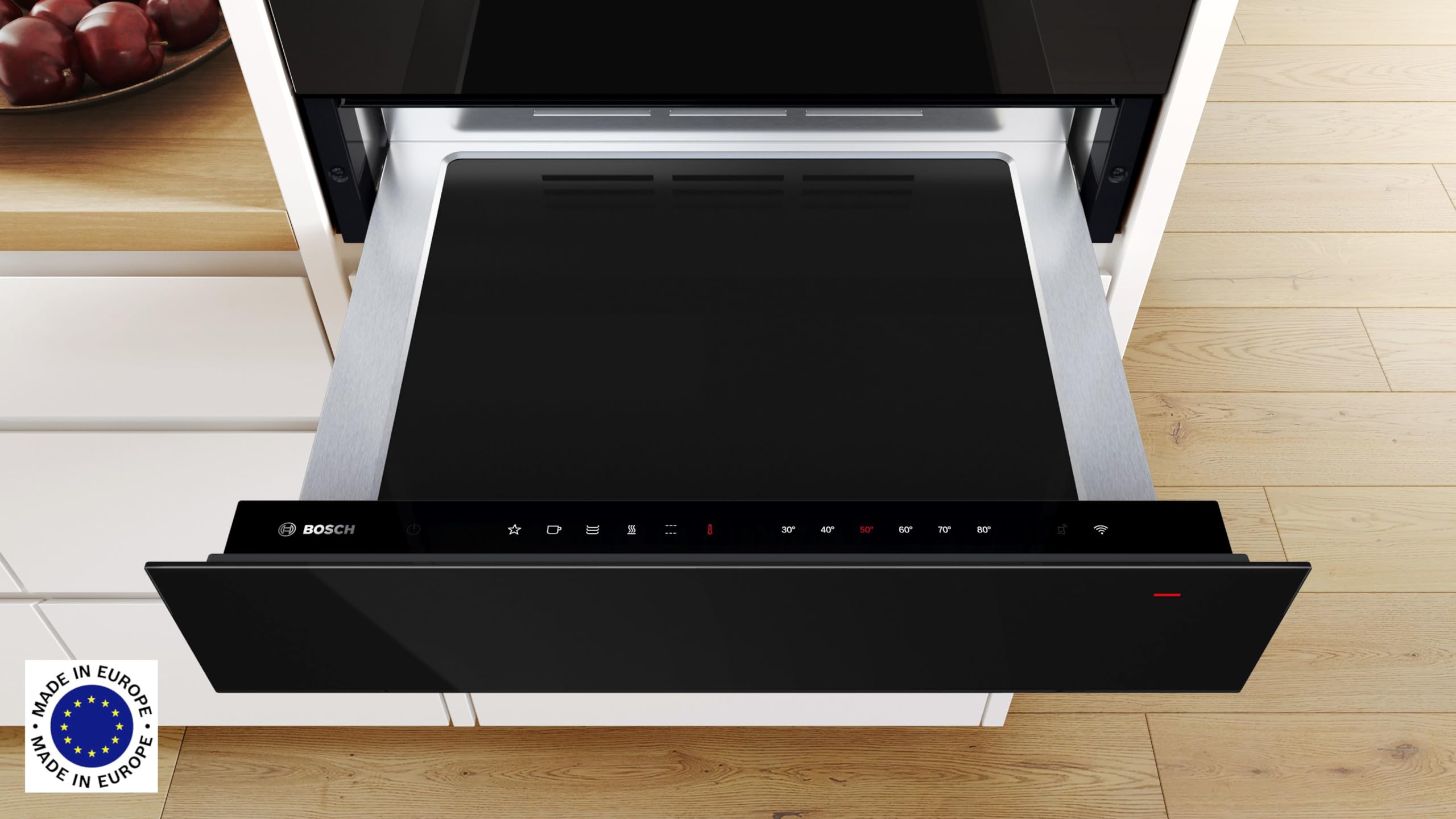 Bosch BIC7101B1, Serie 8 Wärmeschublade, 60 cm breit, 14 cm hoch, Schwarz, Warmhalten von Geschirr und Speisen, Temperatur-Stufen 30-80 °C, Sanft Garen, Platz für 64 Espresso-Tassen oder 12 Teller