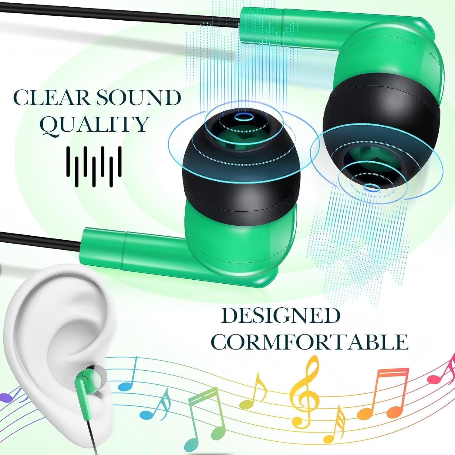 Kanayu 100 Pack Wired Earbuds Bulk for Classroom Ear Headphones Wired Basic Student Earbuds No Microphone with 3.5MM Jack for Class Laptop School Library, Individually Bagged (Green) image 3