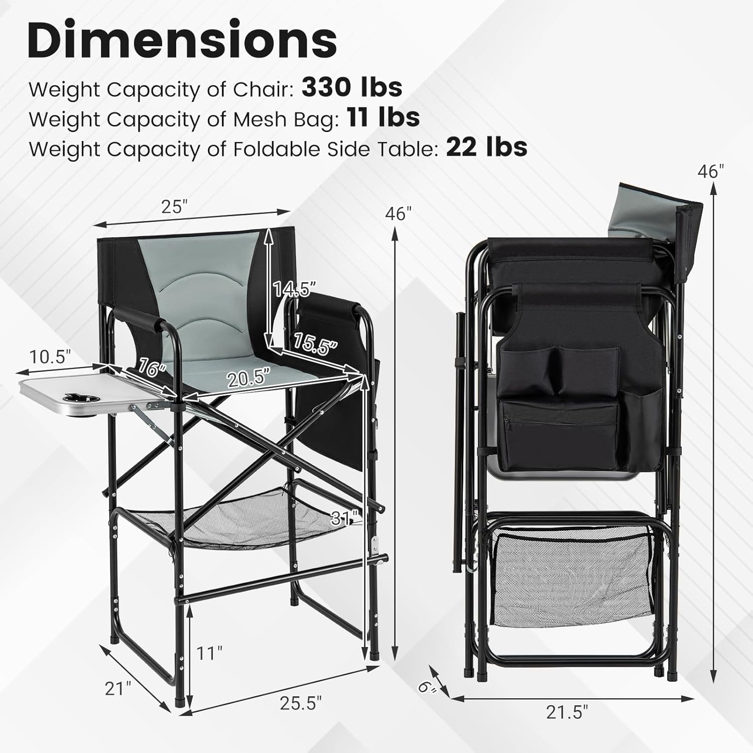 Giantex 46-Inches Tall Directors Chair, Folding Camping Chair with 31" Seat Height, Side Table, Cup Holder, Footrest, Mesh Bag, Storage Pocket, Foldable Bar Stool for Makeup Artist, Lawn, Picnic, Yard