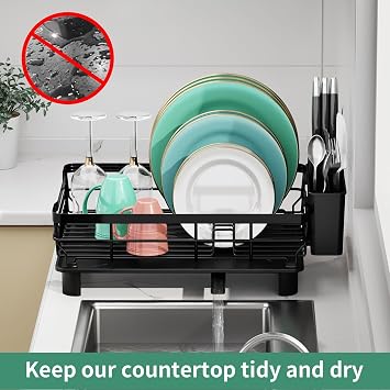 Stainless Steel Dish Drying Rack with Detachable Drain, Self Drying Mat Utensil Holder, Countertop Mount for Dishware