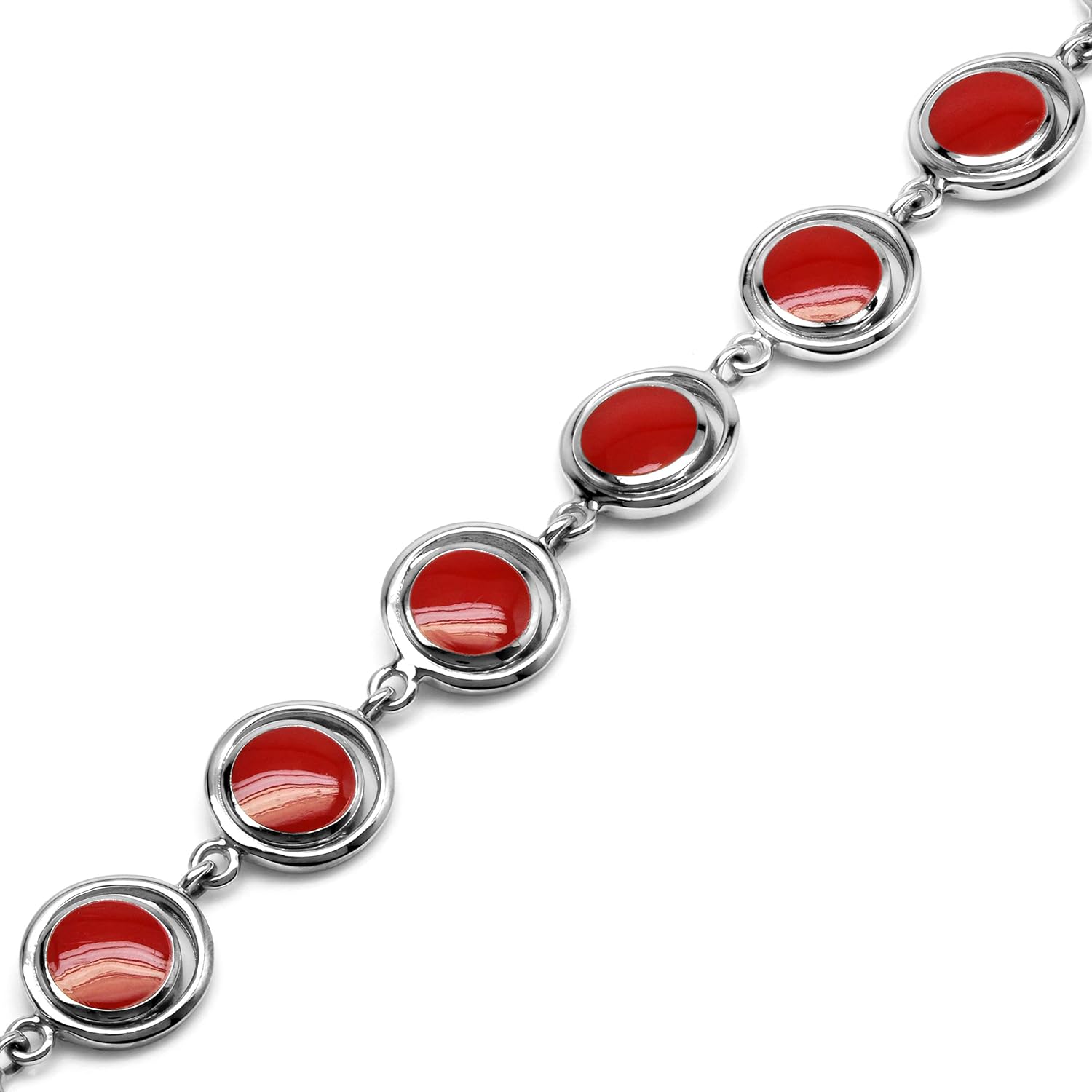 Silvershake 1960s Geometric Futuristic Created Red Coral 925 Sterling Silver Bracelet 6 to 8 inch Extension