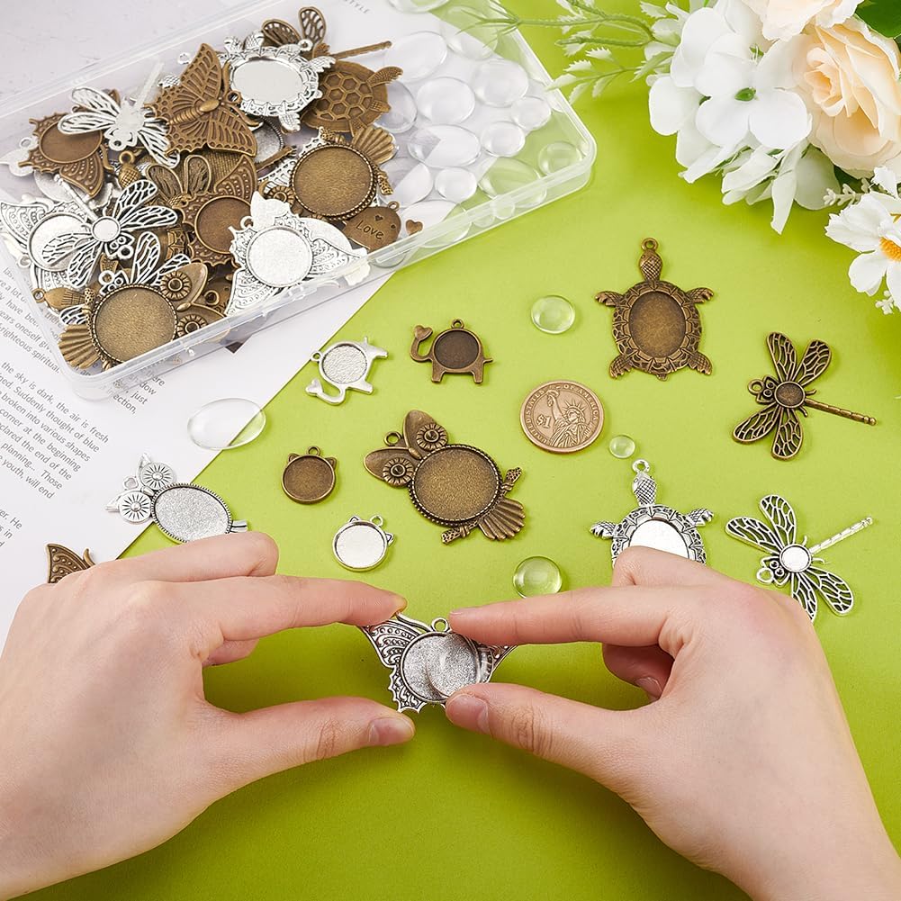PH PandaHall 48pcs Animal Photo Charms, 6 Styles Blank Bezel Owl Pendant Trays Turtle Cabochon Blanks Elephant Butterfly Dragonfly Pendant Trays Cabochon Bezel Settings for DIY Wedding Jewelry Making - Image 3