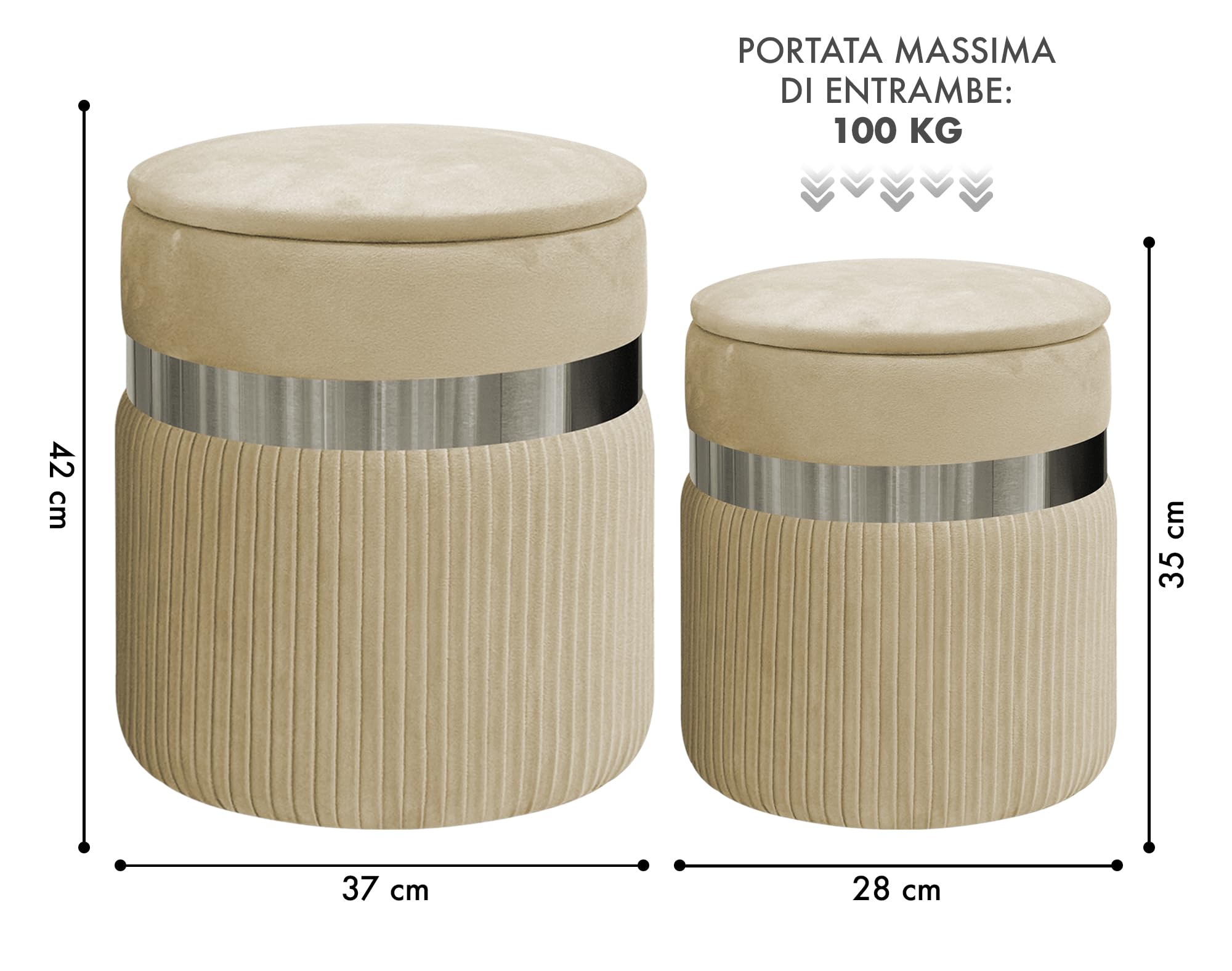 IlGruppone Set Di 2 Pouf Contenitori In Velluto Design Moderno Poggiapiedi,Tondo con Coperchio Rimovibile e Seduta Imbottita - Panna