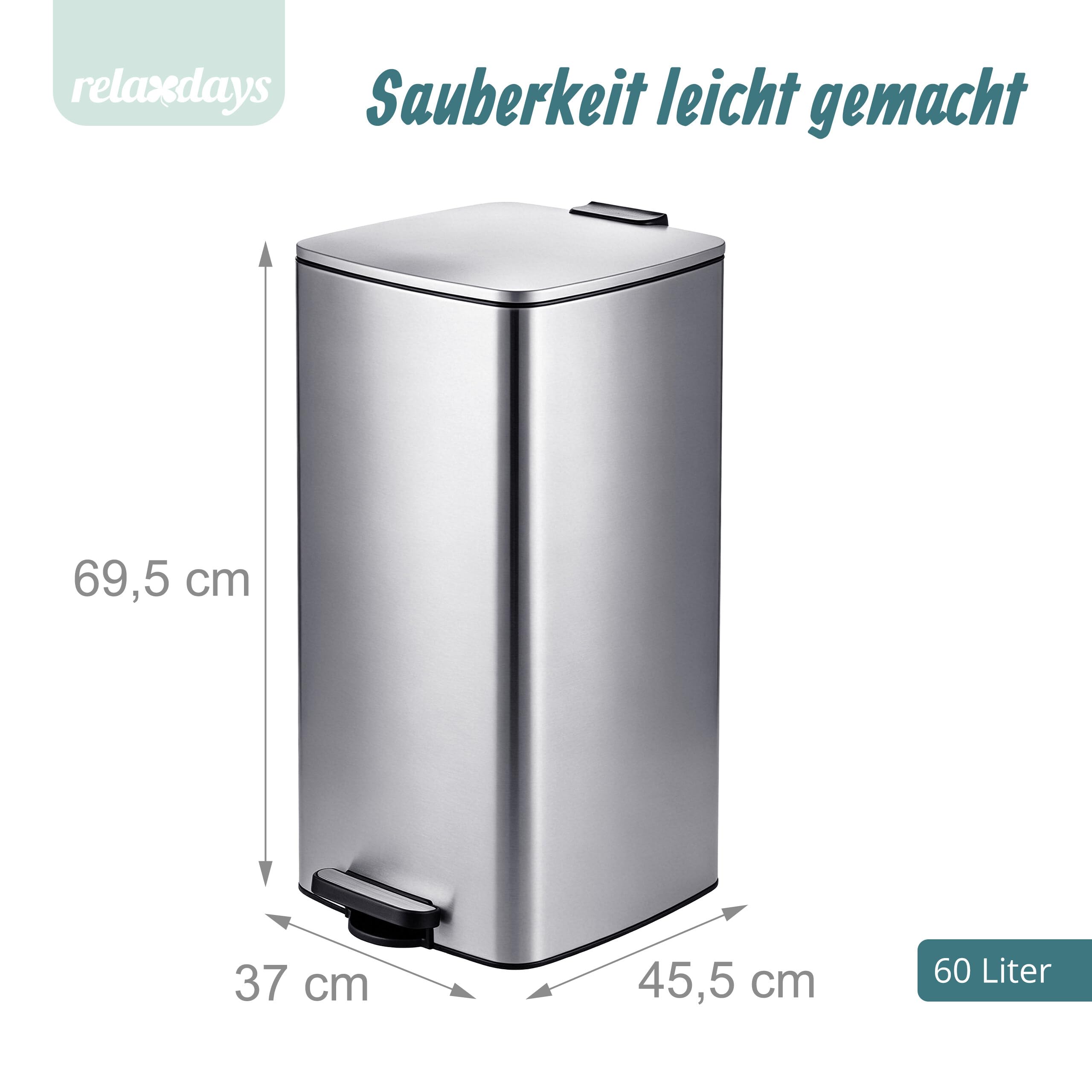 Relaxdays Mülleimer, 60 Liter, Küche, entnehmbarer Inneneimer, silber | Fußpedal, Softclose, Edelstahl, Tretmülleimer