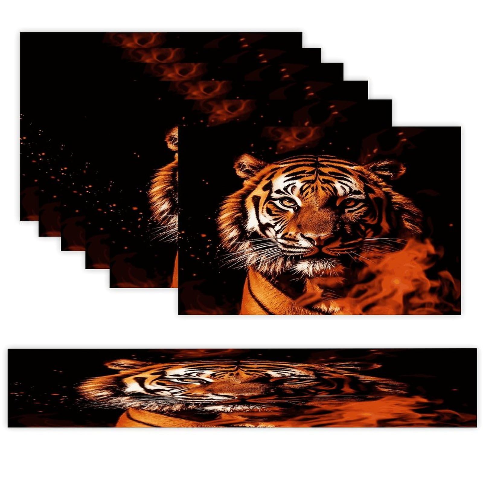 Tiger in Fire Table Runner and Placemats Set of 6 for Kitchen Washable Table Mats Heat Resistant Place Mats Non-Slip Place Mat Wipeable Placemat(6 Placemats+1 Table Runner)