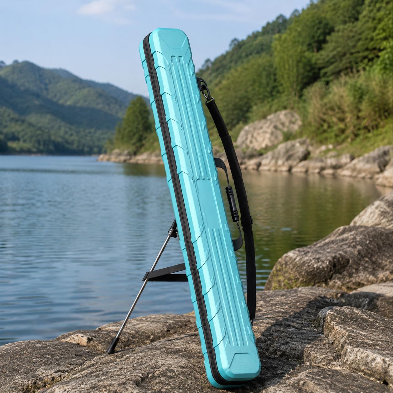 Angelzubehör wasserdichte Angelkoffer Hartschalenetui Rutenhalter Tragesystem Innenhalterung Große Kapazität für Ausflüge Reisen, Ocean Blue, Premium Hartschalen-Rutenkoffe, Blue
