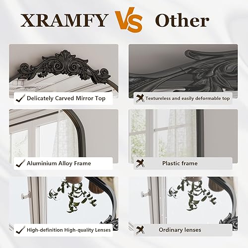 Miniatura 5 de Espejo de baño arqueado de 36" x 24", espejo de pared con marco de metal tallado y arte tallado en la parte inferior, espejo de tocador para