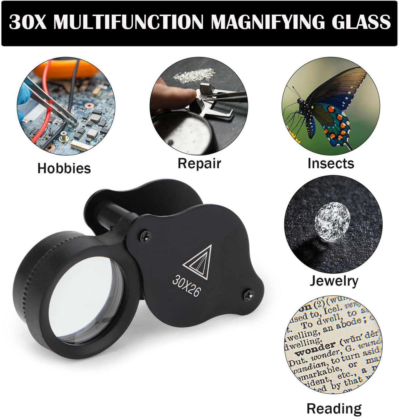 Rongon Pocket Folding Magnifying Glass Jewelers Loupe Magnifier 30X 26MM Small Magnifying Glasses Jewelry Loop Magnifiers Hand Lens for Gemstone Jewelry Gemstones Stamp
