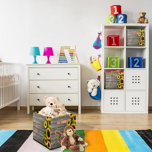 Miniatura 7 de Aglebo Cesta de almacenamiento de girasol de madera, caja de almacenamiento plegable de tela de 13 x 13 x 13 pulgadas, cubos cuadrados con asas para