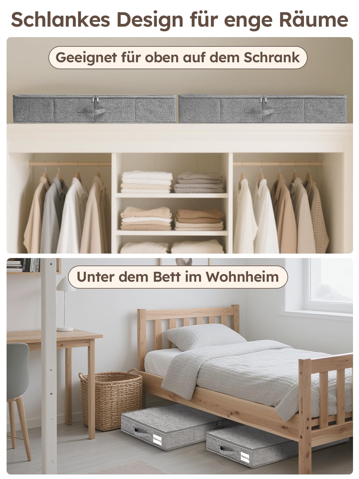 JUPELI Contenitore portaoggetti da 40 l, 85 x 40 x 12 cm, grigio | Solo 12 cm di altezza, struttura rinforzata, pieghevole con coperchio, per vestiti, coperte e biancheria da letto
