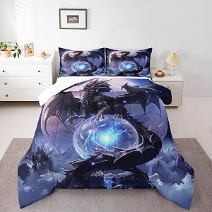 Feelyou Dragon Bedding Set Queen Size 3D Dragon Theme Comforter Set for Kids Boys Girls Decor Mysterious Outer Space Magical World Nebula Comforter Dragon Deep Animal Duvet Set