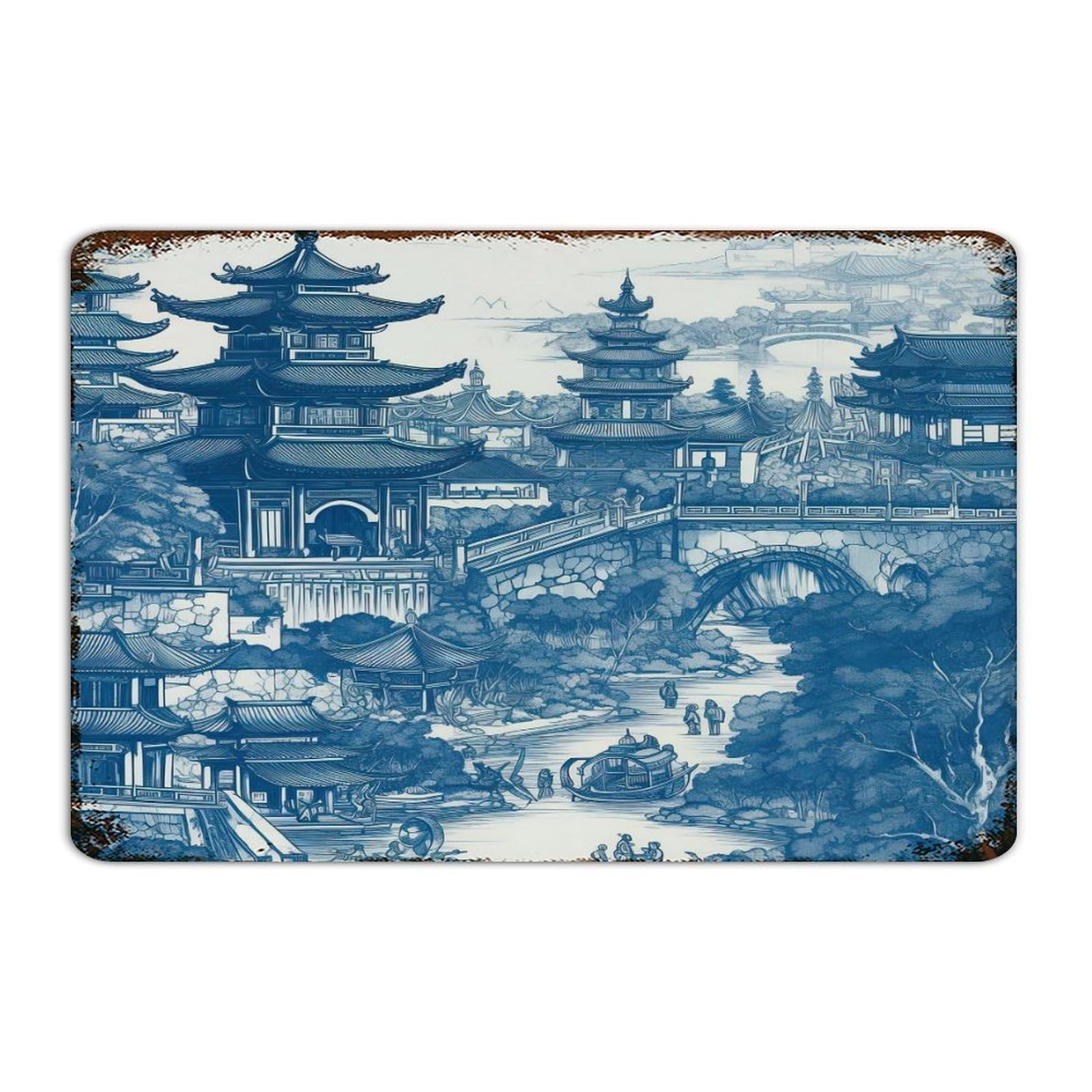 Plaque en métal personnalisable pour chambre, style pagode asiatique et sérénité nocturne