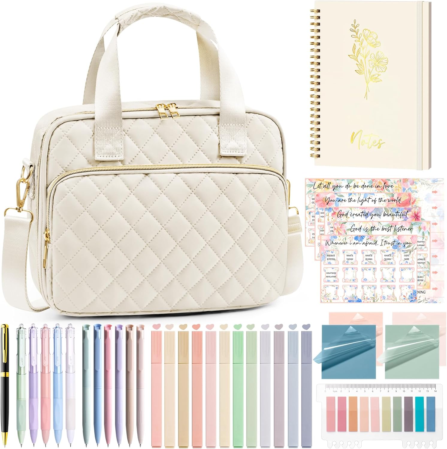 Bible Cover Case for Women, Large Bible Bag Bible Study Supplies Accessories Journaling Kit with Highlighters Tabs, Quilted Book Carrying Cases with Shoulder Strap, Valentines Christian Gift for Women