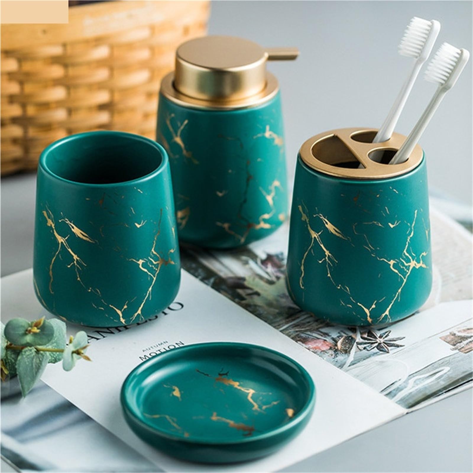 Conjunto Accesorios de Baño Juego De Baño Cerámica con Textura Veteada | Dispensador de jabón portátil, taza, cepillo de dientes, loción, botella, caja, suministros de baño(White 4pcs)
