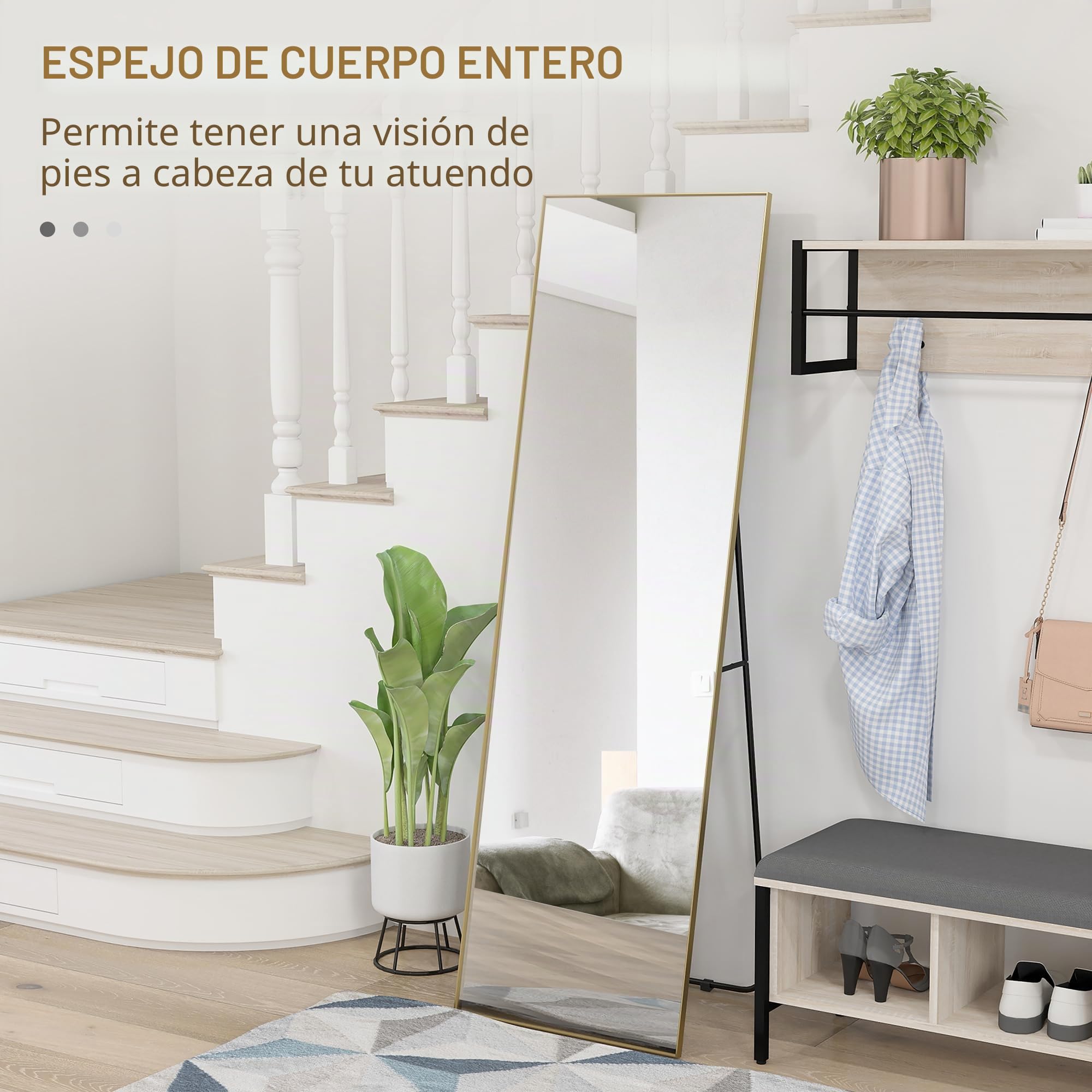 HOMCOM Espejo de Suelo Rectangular de Cuerpo Entero 50x160cm Dorado | Montaje en pared o apoyado contra la pared, para dormitorio, salón y vestidor