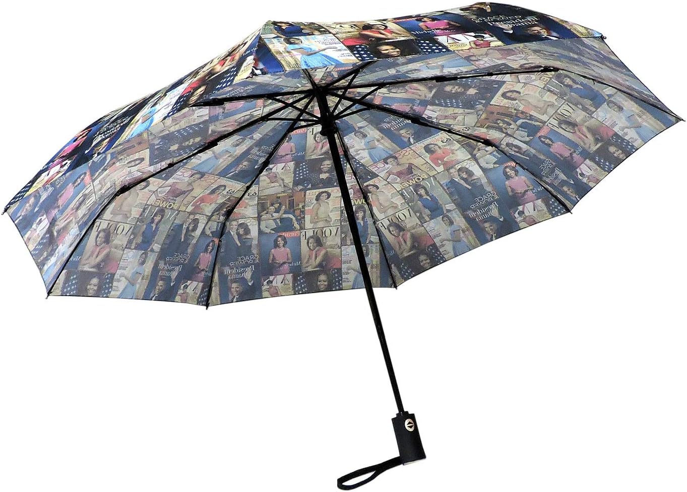 Magazine Cover Collage Michelle Obama Printed Light Weight Bubble Dome Compact Retractable Folding Umbrella With Sleeve (Auto Open-Multi)
