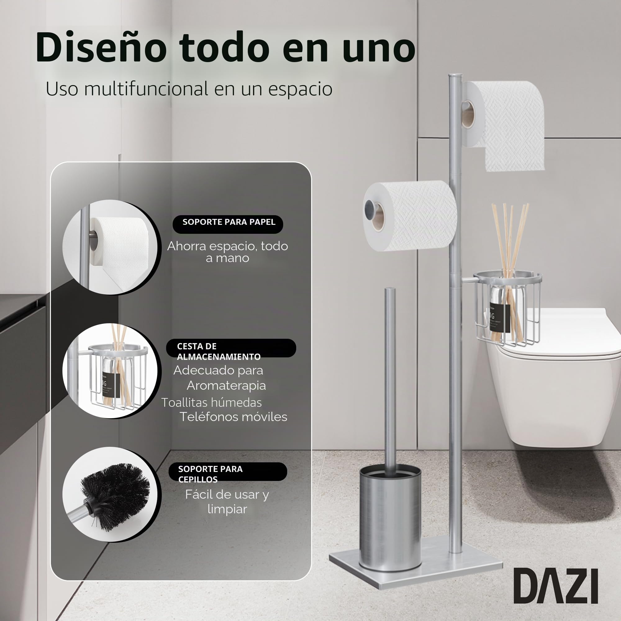 Portarrollos de Papel higiénico de baño con escobillero, Acero Inoxidable Negro y Cesta Redonda (Niquel Cepillado)
