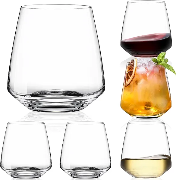 Stemless Wine Glasses Set of 6-15oz【Hand-Blown】 Durable Red White Wine Glasses,Unique Crystal Gifts for Him/Her for Wedding, Birthday，Engagement