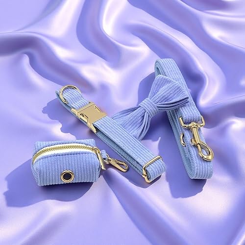 Miniatura 9 de PETDURO Personalized Handmade Dog Collars Stripe Velvet Custom with Name Engraved Gold Metal Buckle for Boy & Girl Dogs - Matching Leash Bow Tie