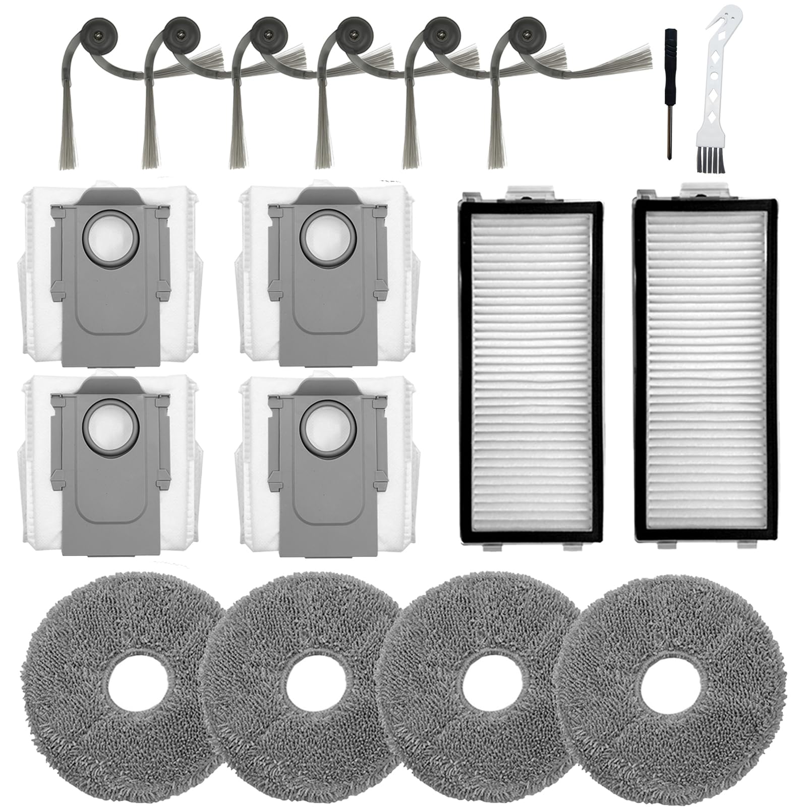 Odashen 18 Pack Replacement Accessories Kit for Roborock Saros Z70 Vacuum Cleaner, 6 Side Brush, 2 HEPA Filter, 4 Mop Pads, 4 Dust Bags,1 Cleaning Brush,1 Screwdriver