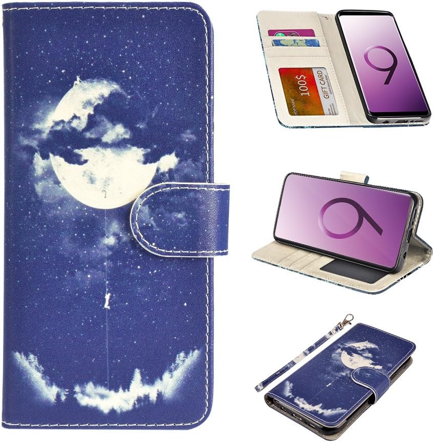 UrSpeedtekLive Galaxy S9 Wallet Case Folio Flip Premium PU Leather Case Cover w/Card Holder Slot Pockets, Wrist Strap, Magnetic Closure Compatible with Samsung Galaxy S9 (2018)- Night Sky