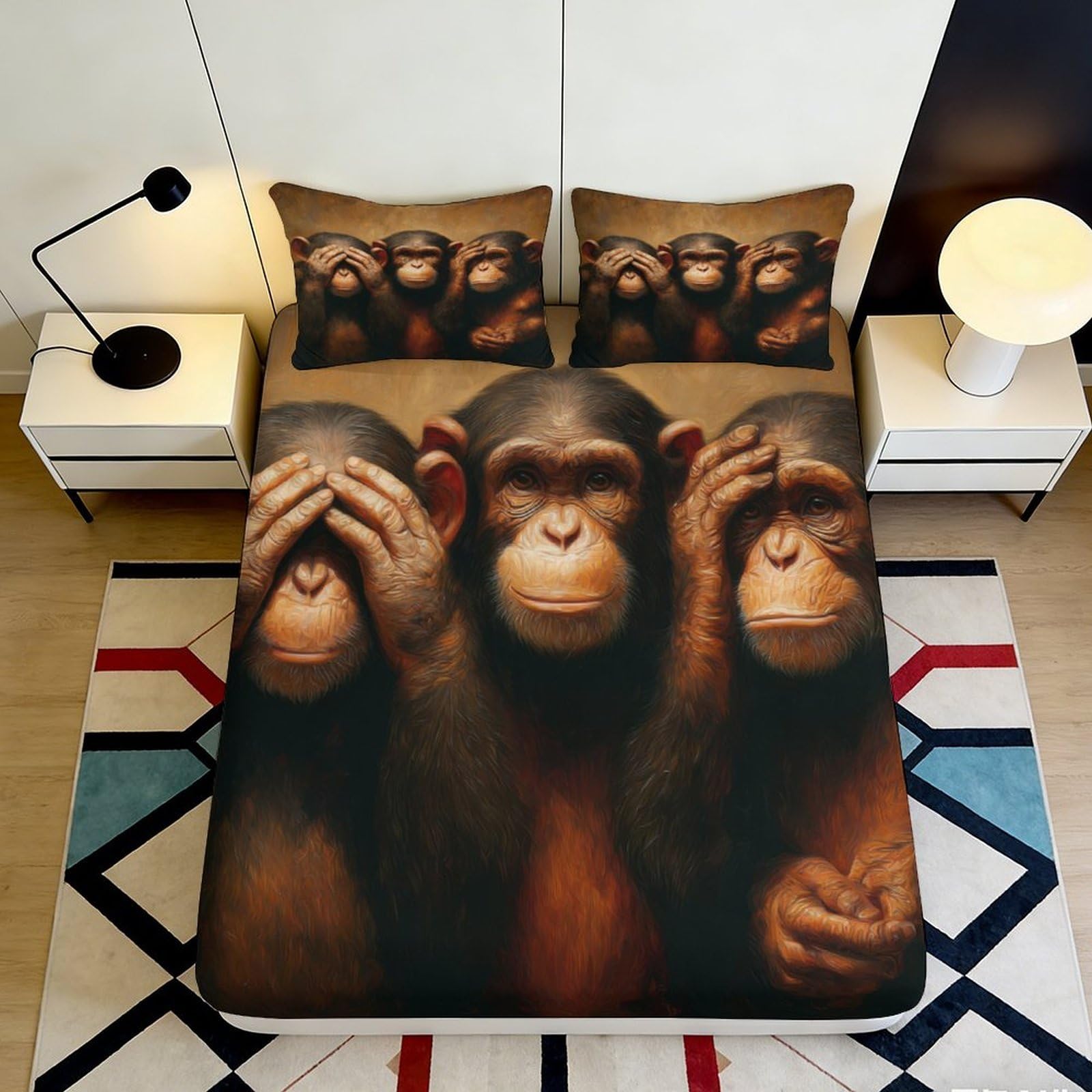 3D Printed Monkey Pattern Fitted Sheet Microfiber Soft Durable 3D Printed Chimpanzee Bed Cover for Bedroom Dormitory Guest Room Mattress Protection 120x200x25cm