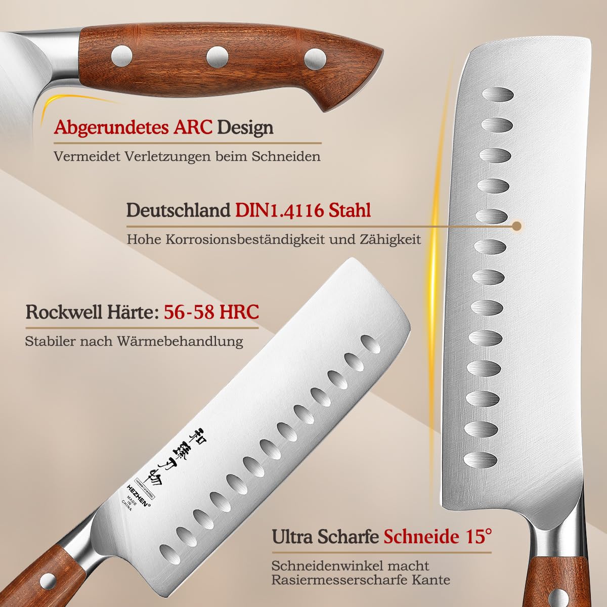 HEZHEN Rostfreier Stahl Nakiri Messer, Japanischer Stil Hackbeil Messer, Hartstahl Mehrzweckmesser Asiatisches Kochmesser Zum Schneiden von Fleisch und Gemüse，Griff aus Redwood