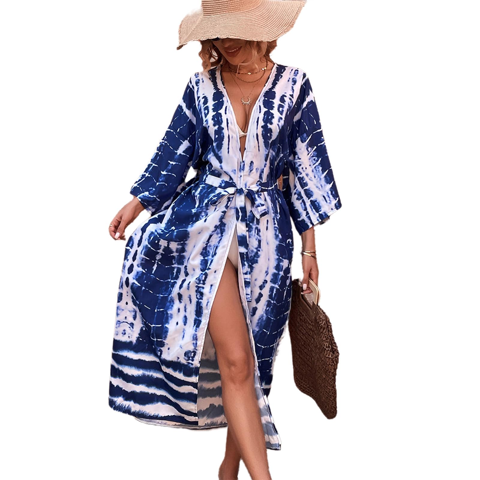 Kimono de plage ouvert sur le devant pour femme avec bande de taille, cardigan long de plage ouvert sur le devant