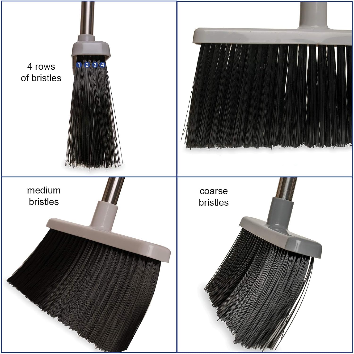 JFB Home Products BristleComb Outdoor Broom & Dustpan Set Upright, 49" Long Adjustable Broom, Long Handle, Self-Cleaning Comb & 2 Interchangeable Heads of Different Stiffness - Medium and Coarse