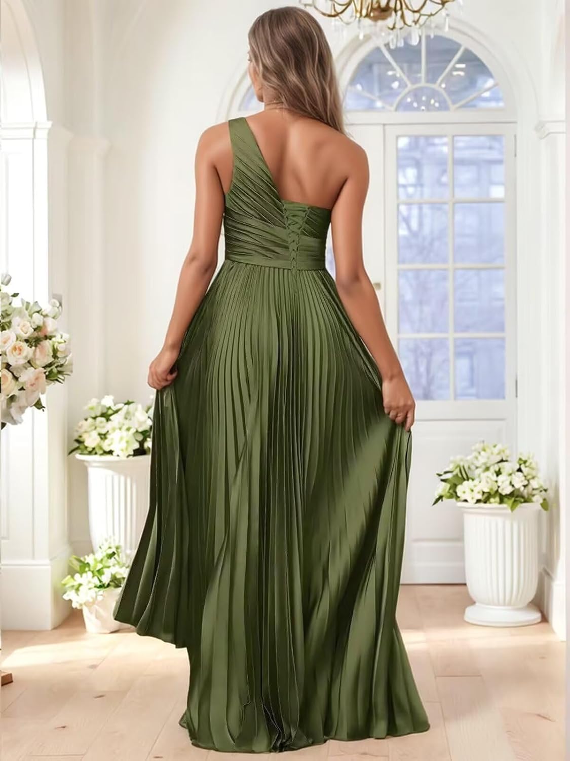 Women's One Shoulder Bridesmaid Dresses with Slit for Wedding Pleated Satin High Low Long Formal Evening Dress - Image 3