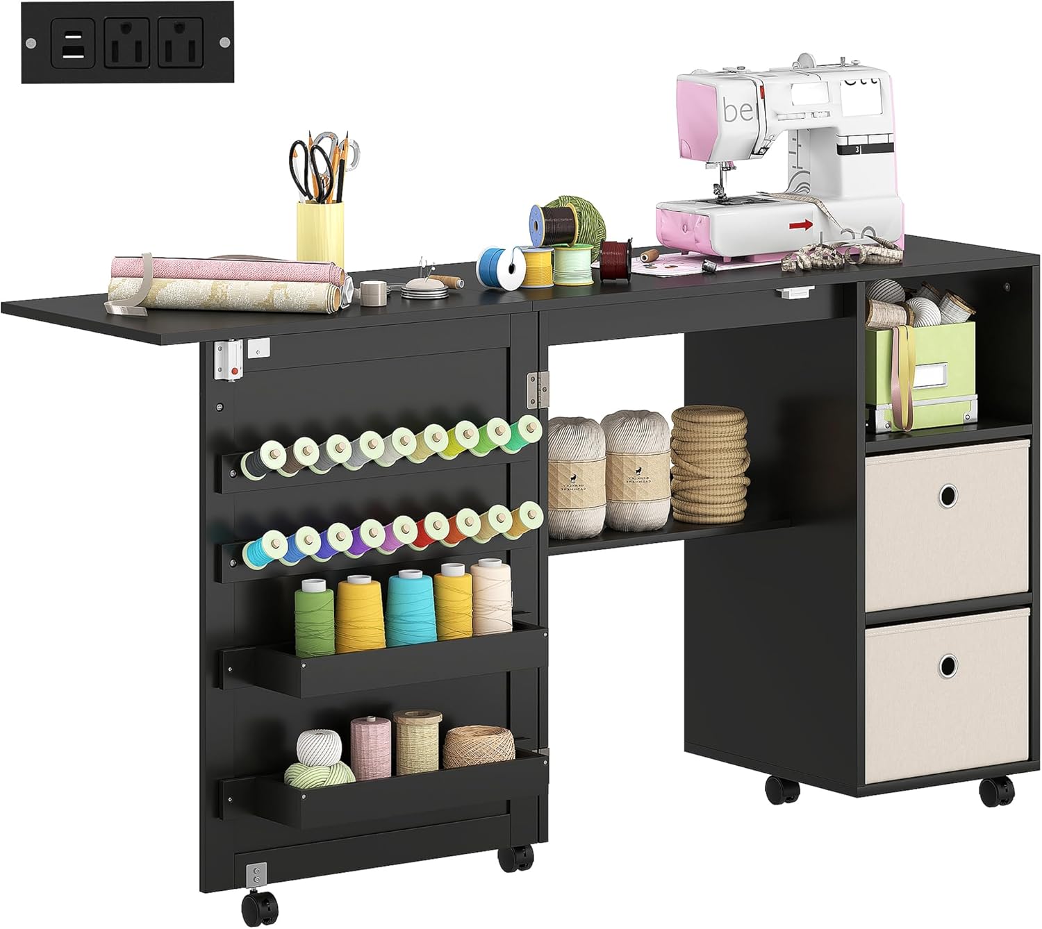 HOMCOM Folding Sewing Table in its fully extended, unfolded state, showcasing the workspace and storage.