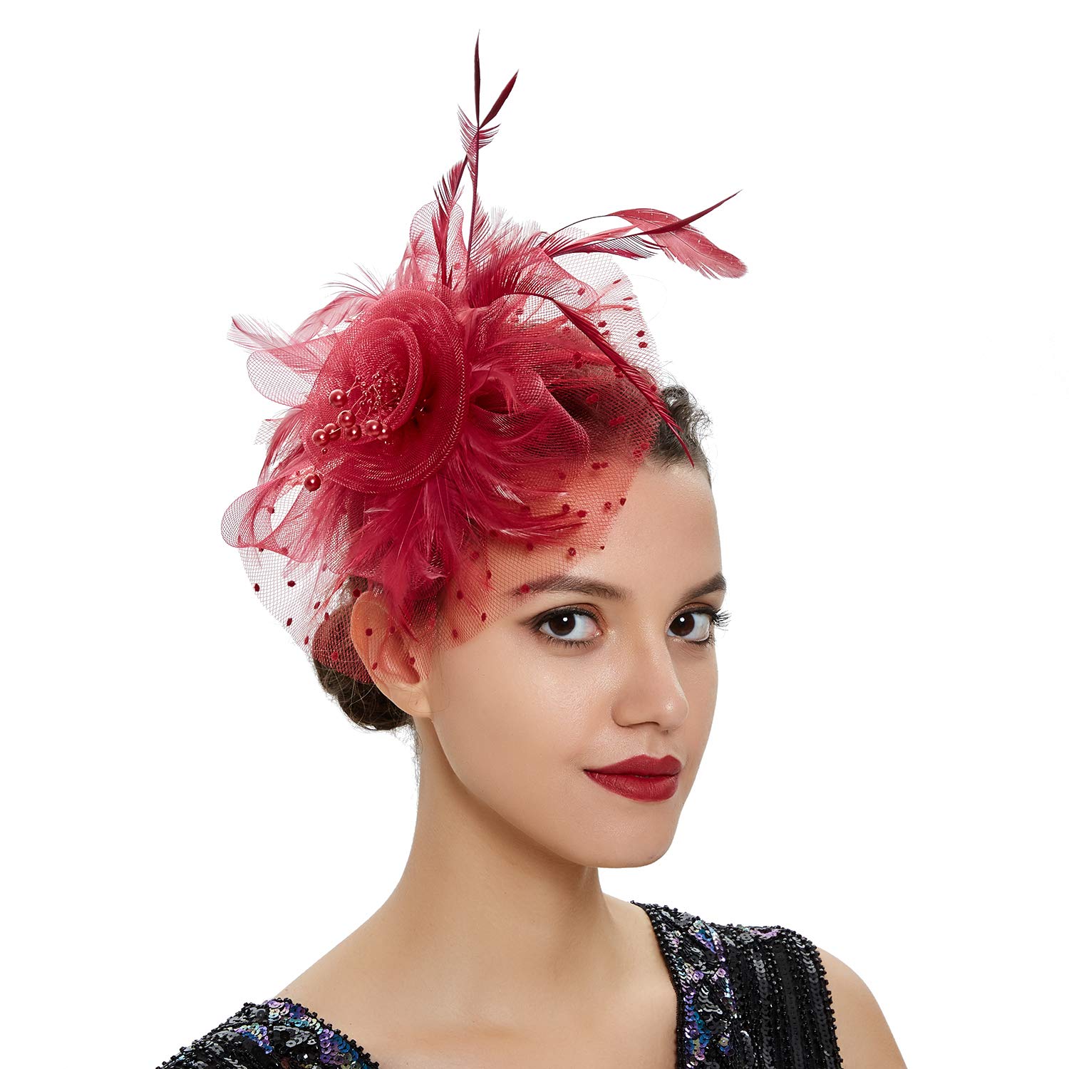 Fascinators Hat for Women Ladies Wedding Fascinators Tea Party Hat Flapper Pillbox Hat Ascot Race Hat Feather Flower Fascinator Beaded with Headband Hairclips Dotted Mesh Hat Headdress Headpieces