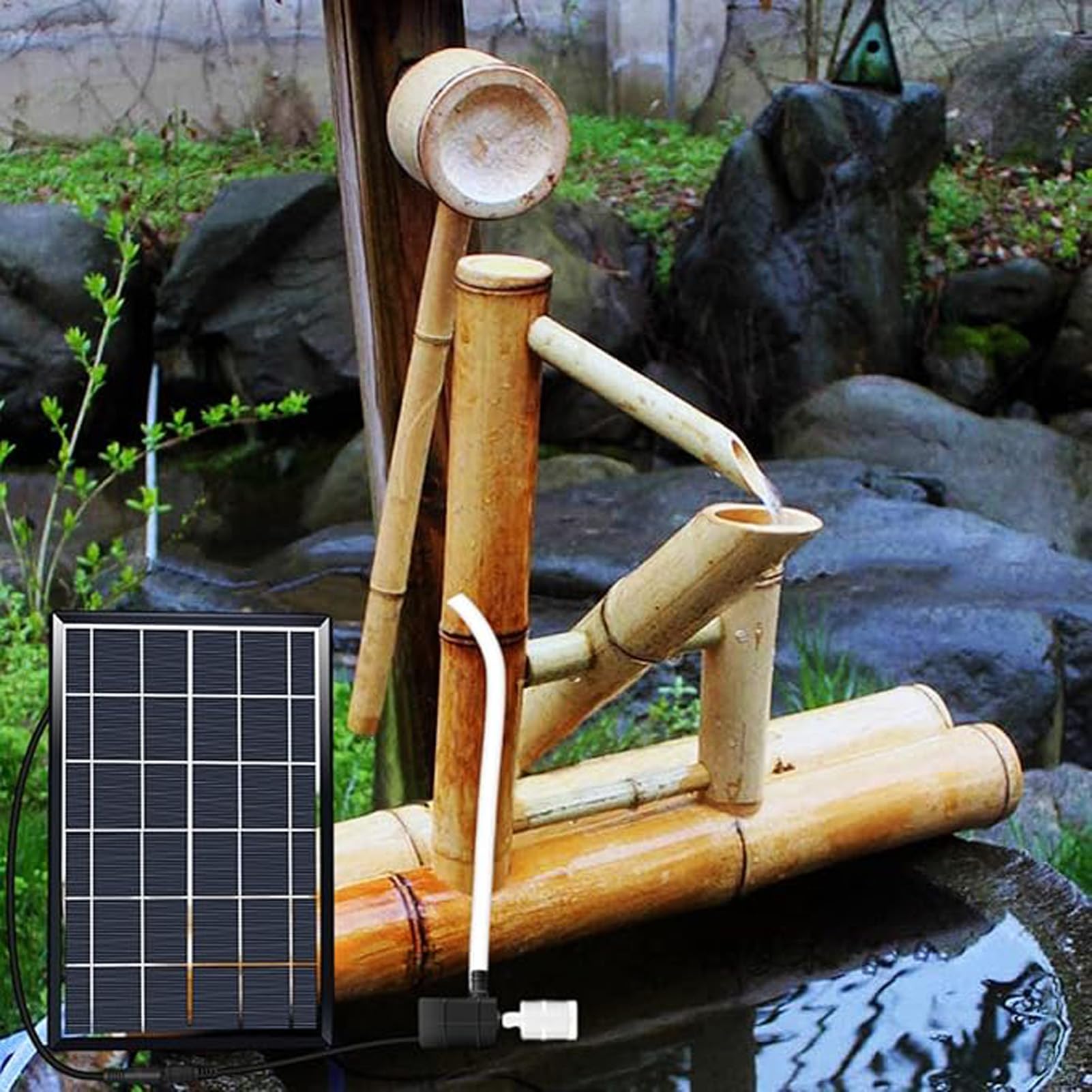 asdchZen Bamboo Fountain Kit, Outdoor Water Fountains Solar Powered, Feng Shui Zen Water Fountains, Bamboo Water Fountain Garden Decor, For Outdoor Backyard Lawn, 25.6X5.9X17.7In