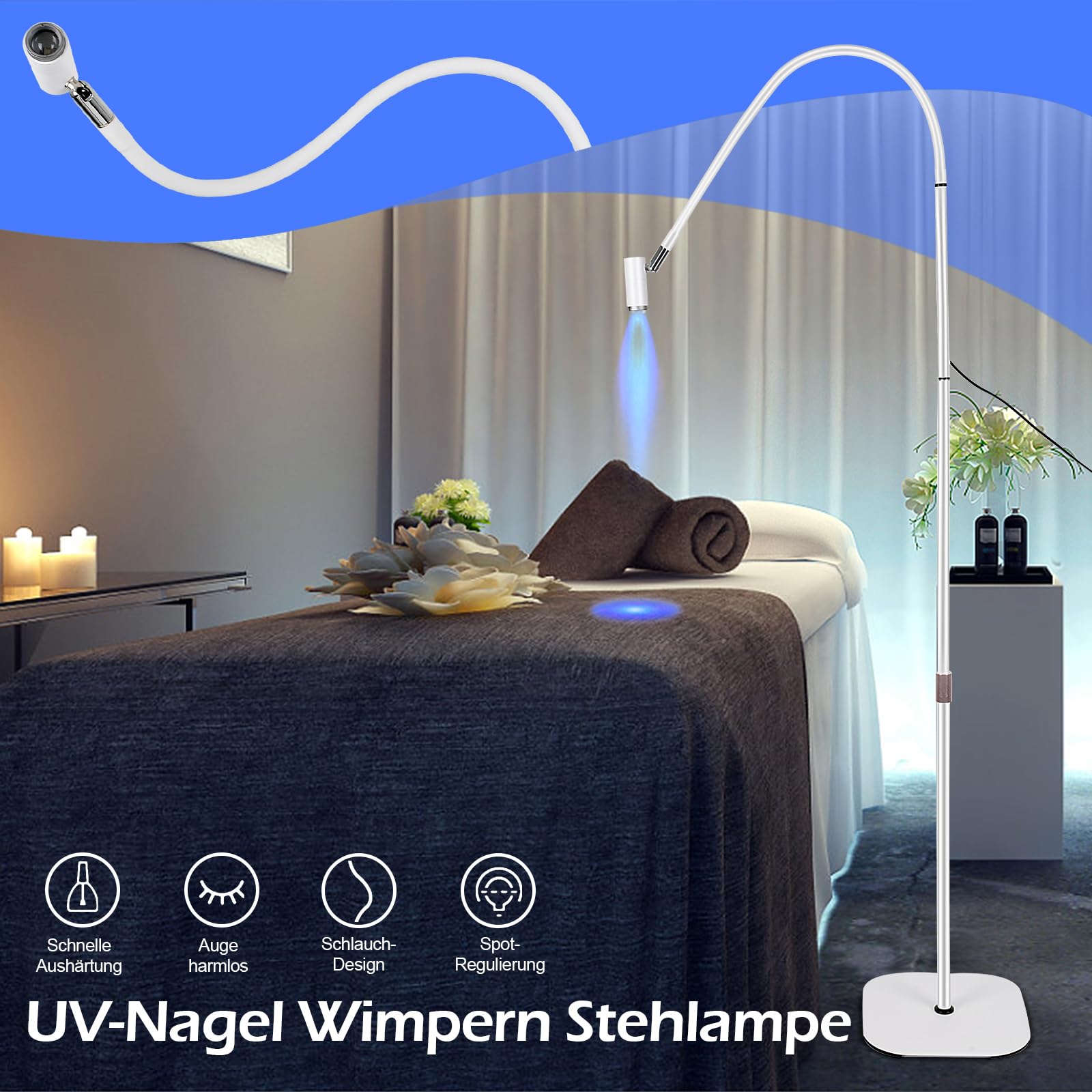 UV Wimpern Lampe, 6W UV Wimpernlampe mit Fußschalter Schutzbrille, UV Lash Lamp mit Einstellbare Punktgröße, 360° Flexibler Schwanenhals UV Licht für Gelnägel und Wimpern Aushärten (Weiß)