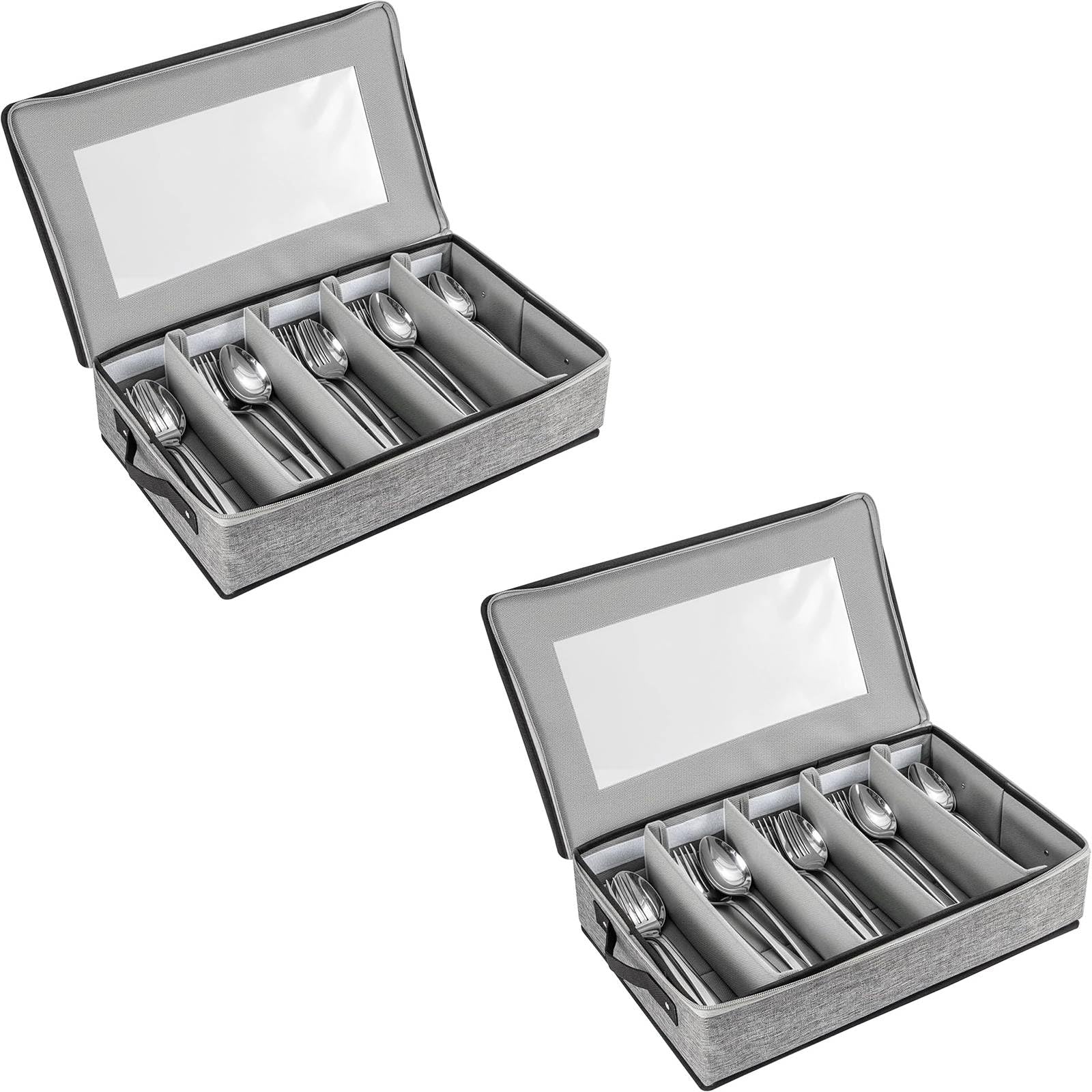 EVERGOODS Flatware Utensil Storage Case with Lid, 5 Compartment Silverware Storage Box with Adjustable Dividers, Hard Shell Cutlery Organizer with Handles for Knives, Forks & Spoons (2-PCS)
