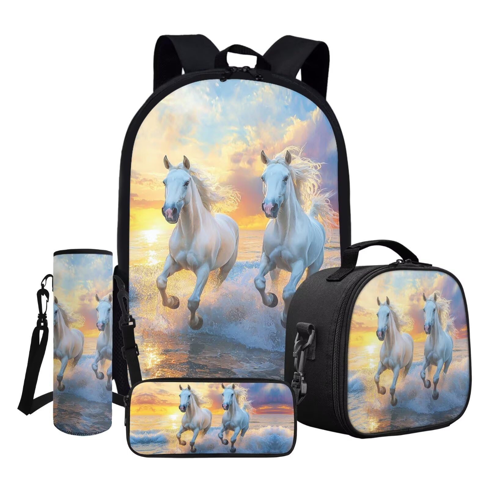 Juegos de mochilas escolares para niños con lonchera y botella de agua, mochila de viaje para niños y niñas, Estampado de caballo, Talla única
