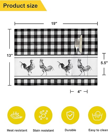 Miniatura 6 de Juego de 4 manteles individuales de mesa de gallo para mesa de comedor, manteles individuales de algodón y lino con bolsillo, lavable de arpillera
