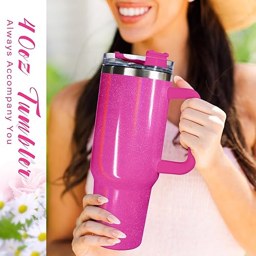 Miniatura 6 de Vaso de viaje de acero inoxidable de 40 onzas con asa, taza aislada al vacío de doble pared con tapa y popote (rosa Barbie)