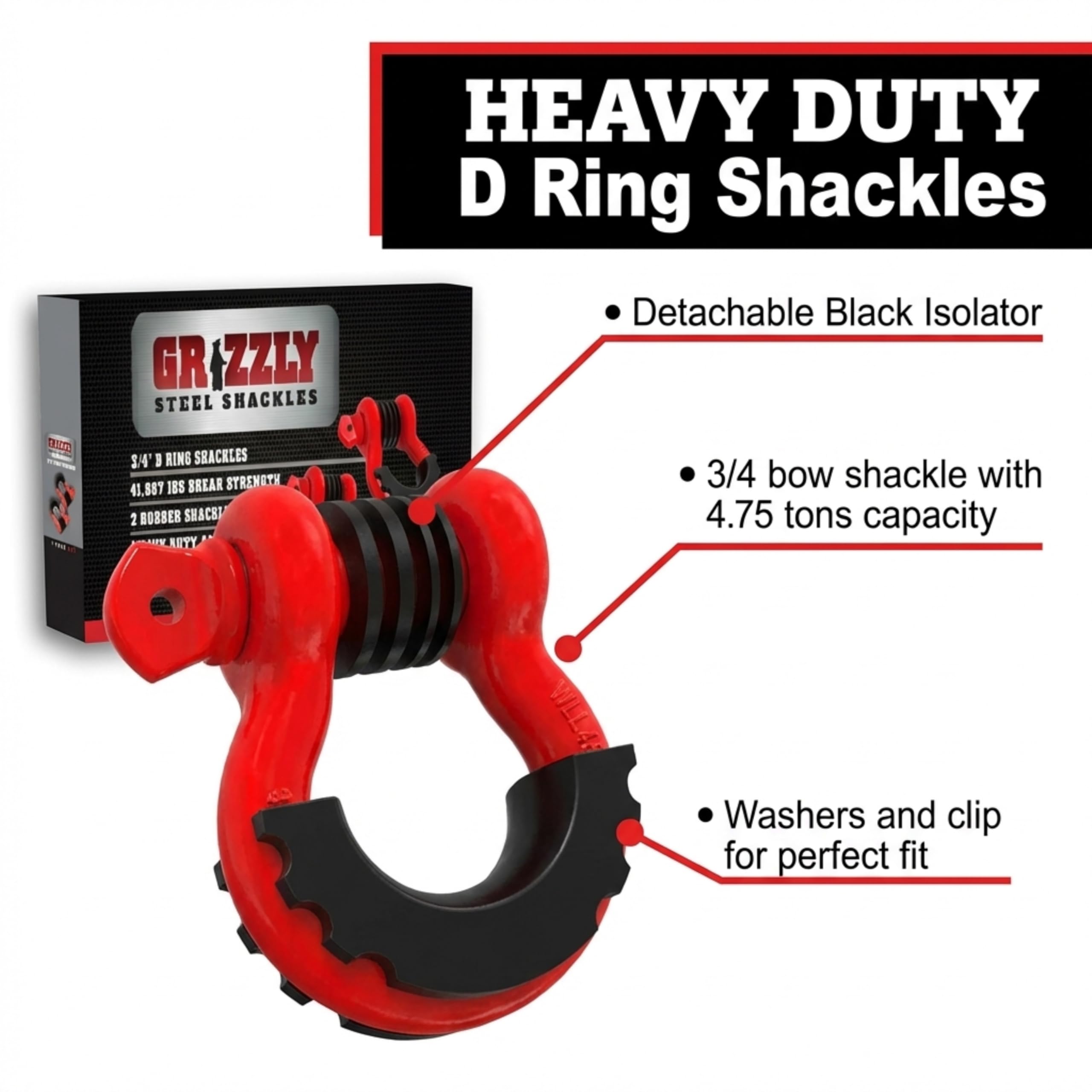 Grilletes de anillo en D, 3/4 pulgadas, paquete de 2, resistente, incluye protector de grillete y arandelas, ideal para Jeeps, ATV, camiones para usar con recuperación, remolque, correas de enganche