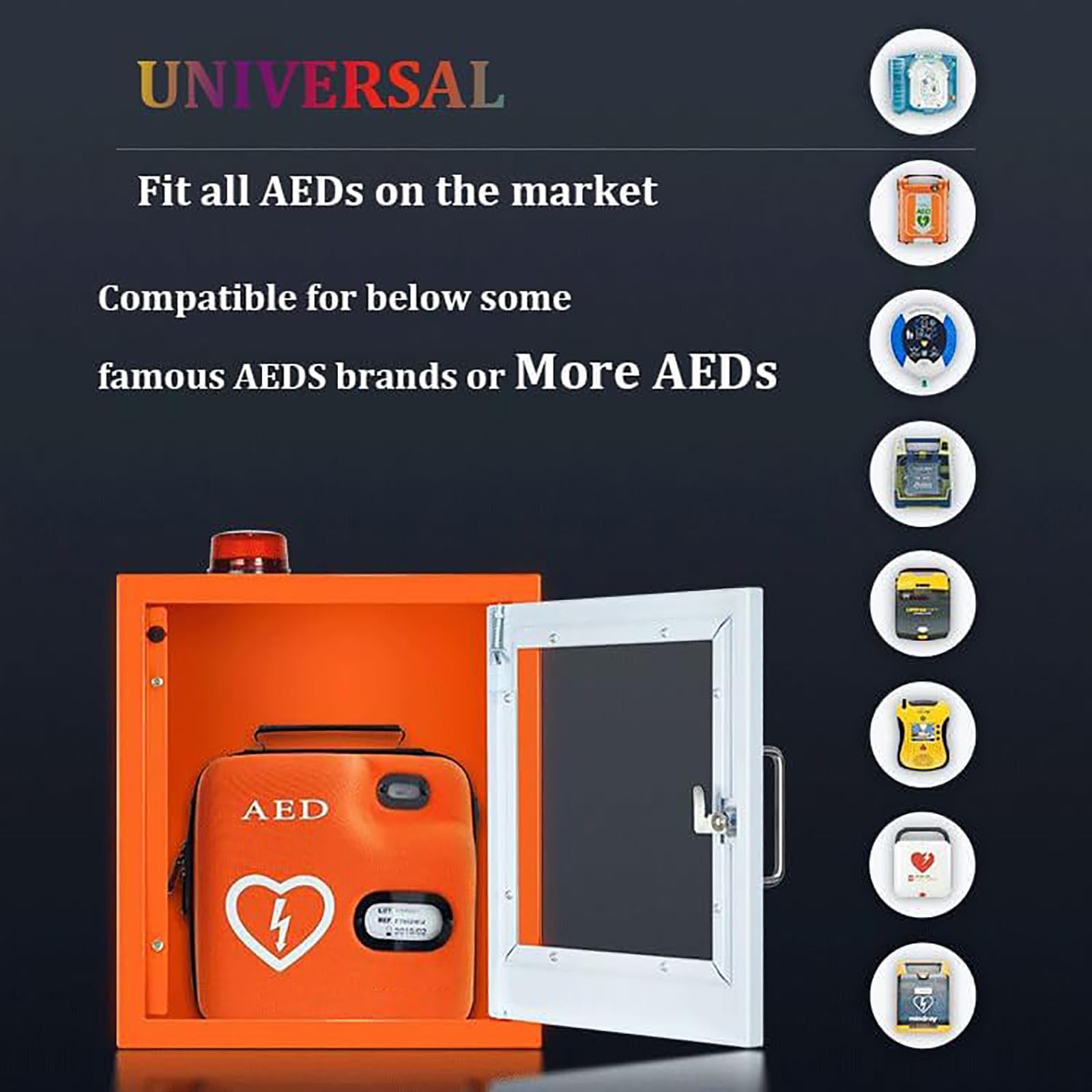 AED-Defibrillator-Aufbewahrungsschrank, wandmontierter Herz-Erste-Hilfe-Defibrillationsalarmkasten mit Schlüssel und Alarm, passend für die meisten AED-Modelle
