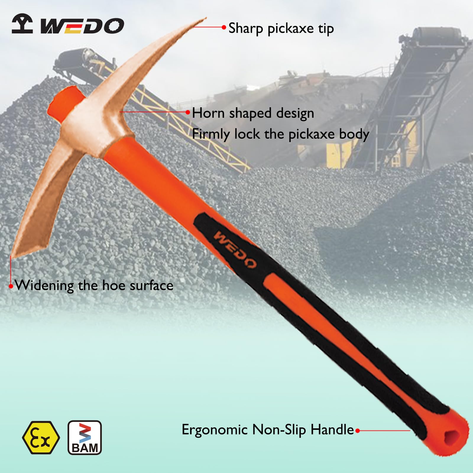 WeDo Ferrocarril sin chispas, mango de fibra de vidrio de seguridad sin chispas, cobre berilio no magnético, forjado a presión, resistente a la corrosión, estándar DIN BAM/ATEX