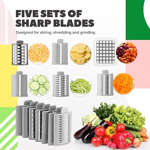 Miniatura 3 de Rallador de queso giratorio 6 en 1 con 12 cuchillas, manivela de mano, rebanador de alimentos con base de succión, mango giratorio de 360 y taza de