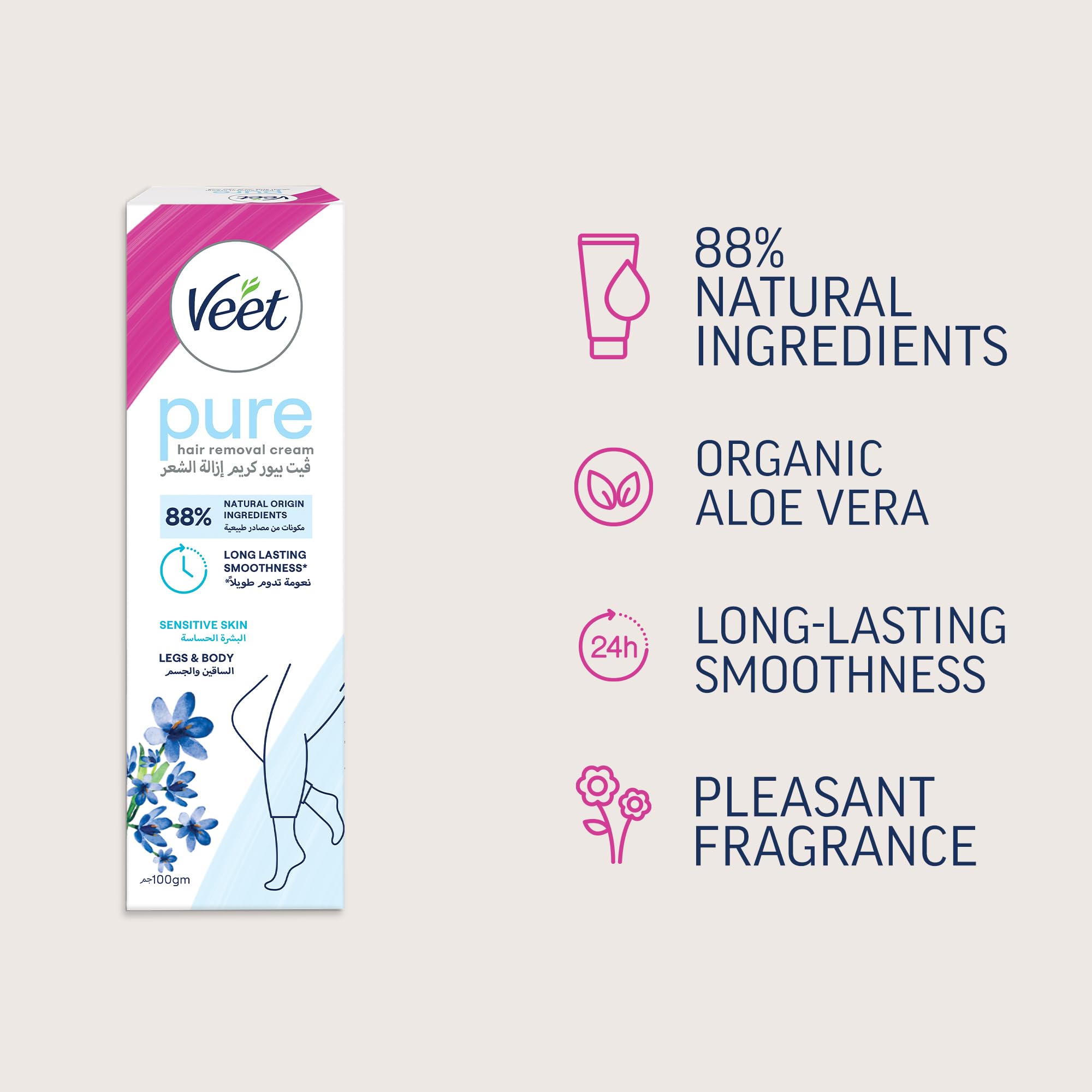 Veet Hair Removal Cream for Sensitive Skin 100ml – Gentle Painless Depilatory Cream with Aloe Vera & Vitamin E, Smooth Skin in Minutes, No Cuts, Softer Regrowth Than Shaving for Legs & Body