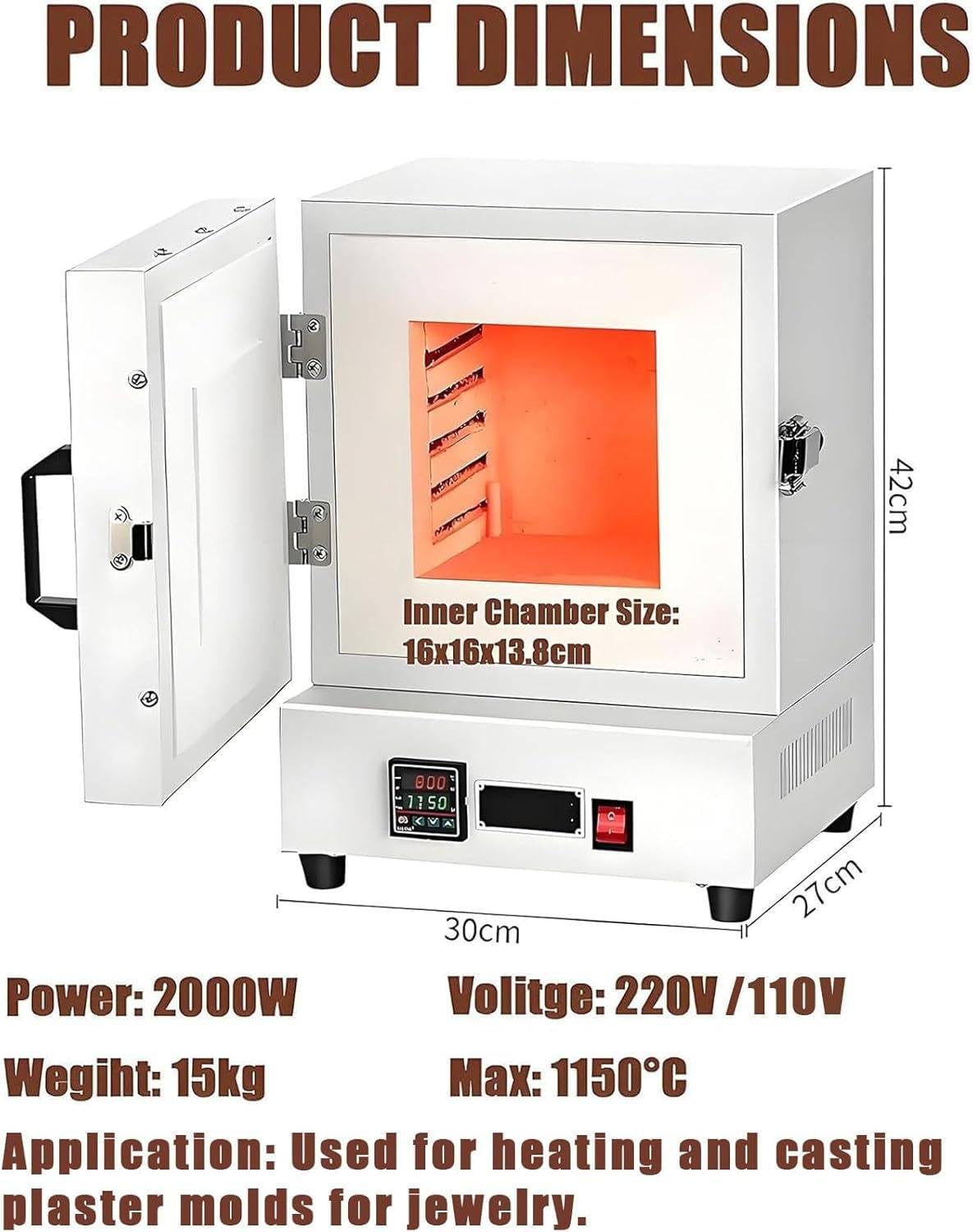2000W 1150℃ Muffle Furnace, Burnout Oven for Lost Wax Casting, for Jewelry Making, Glazing, Dewaxing, Annealing and DIY Studio Projects