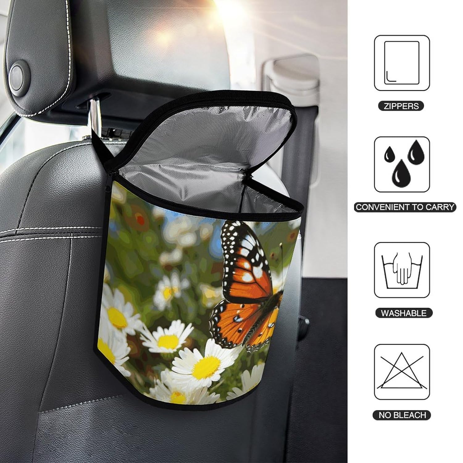 Hanging Car Trash Bag Butterfly on Daisy Flower Printed Car Garbage Storage Bag Leakproof Car Trash Can Portable Garbage Storage Bags