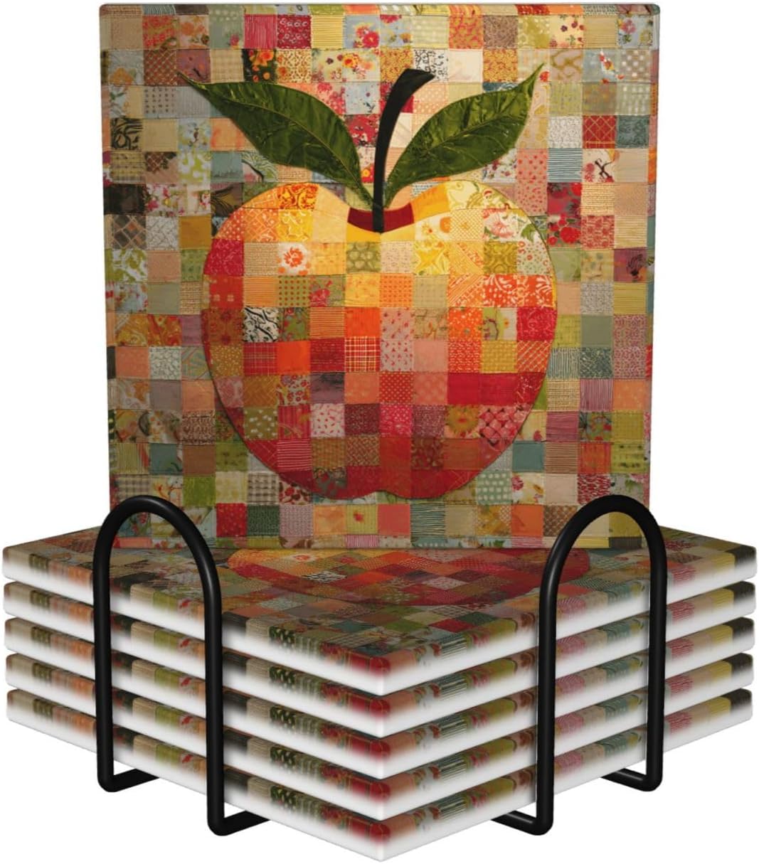 (Cut Apple Patchwork Style) Ceramic Coasters Set of 6 with Holder Non-Slip Square Coffee Coasters for for Cup Mug Drink Patio Coffee Table Decor, Christmas Coasters Home Bar Supplies