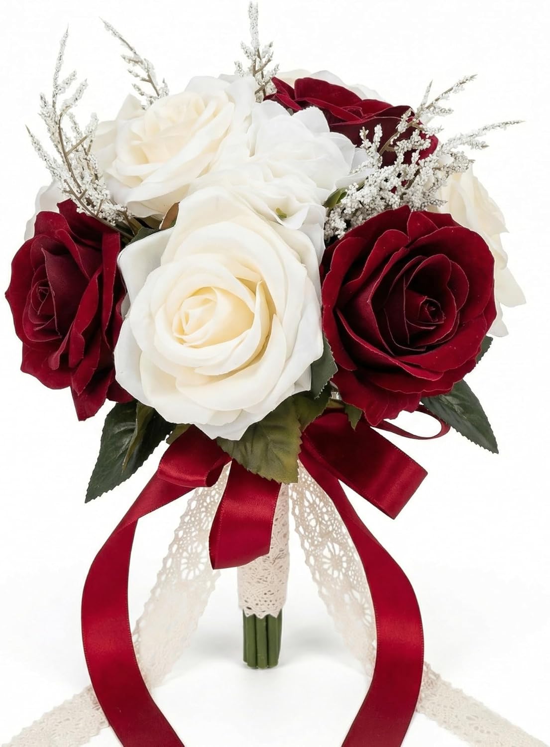 Wedding Bouquets for Bride Bridesmaid, 9.5 Inch Realistic Silk Bridal Bouquet, Ivory White Red Burgundy Artificial Wedding Flowers, for Rustic Boho Church Wedding Ceremony, Wedding Decor