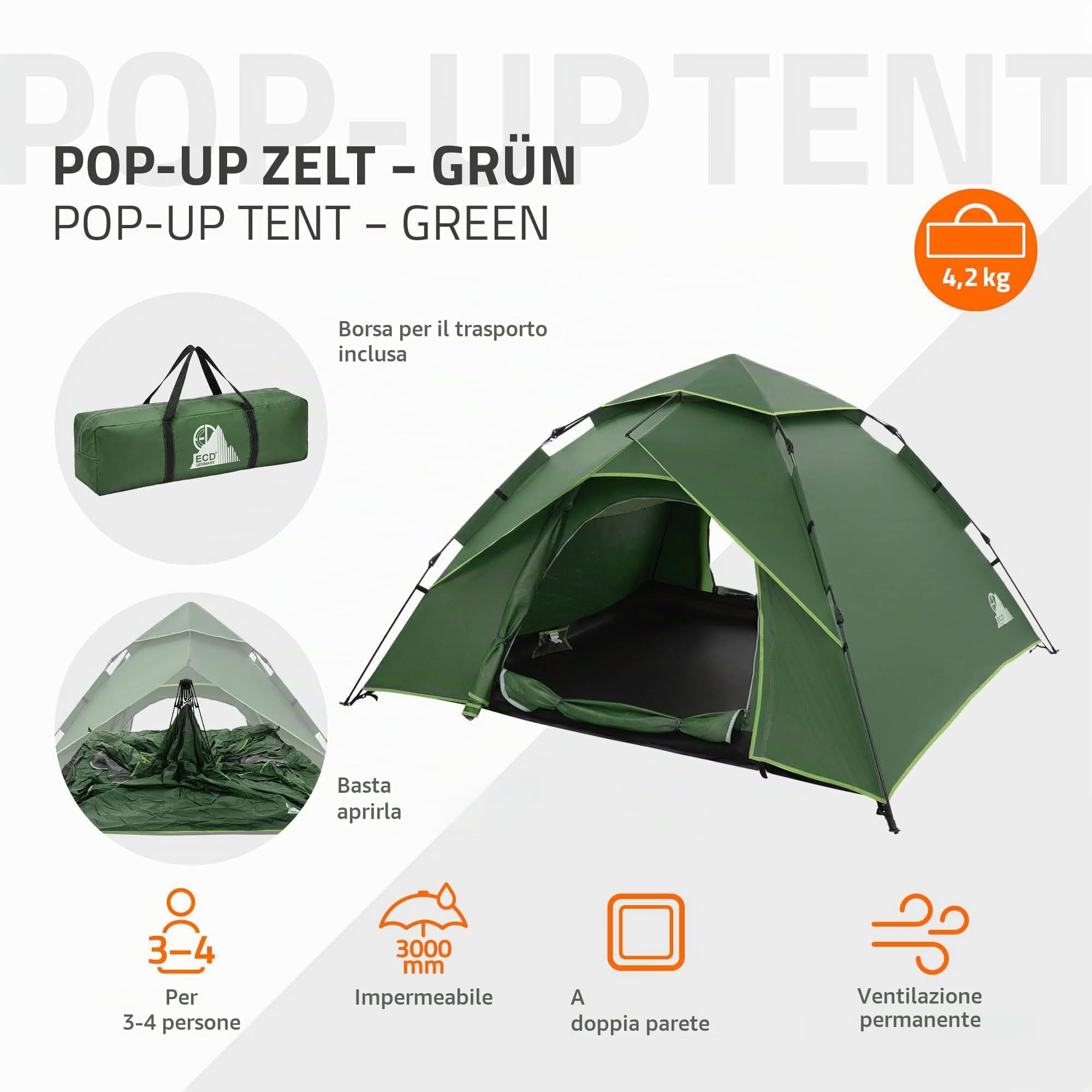ECD Germany Tenda da Campeggio 4 Posti, Impermeabile, Antivento e Ultraleggera, Tenda Pop Up Automatica da Trekking a Doppio Strato, Facile da Montare con 2 Porte e Borsa, per Spiaggia, Escursionismo
