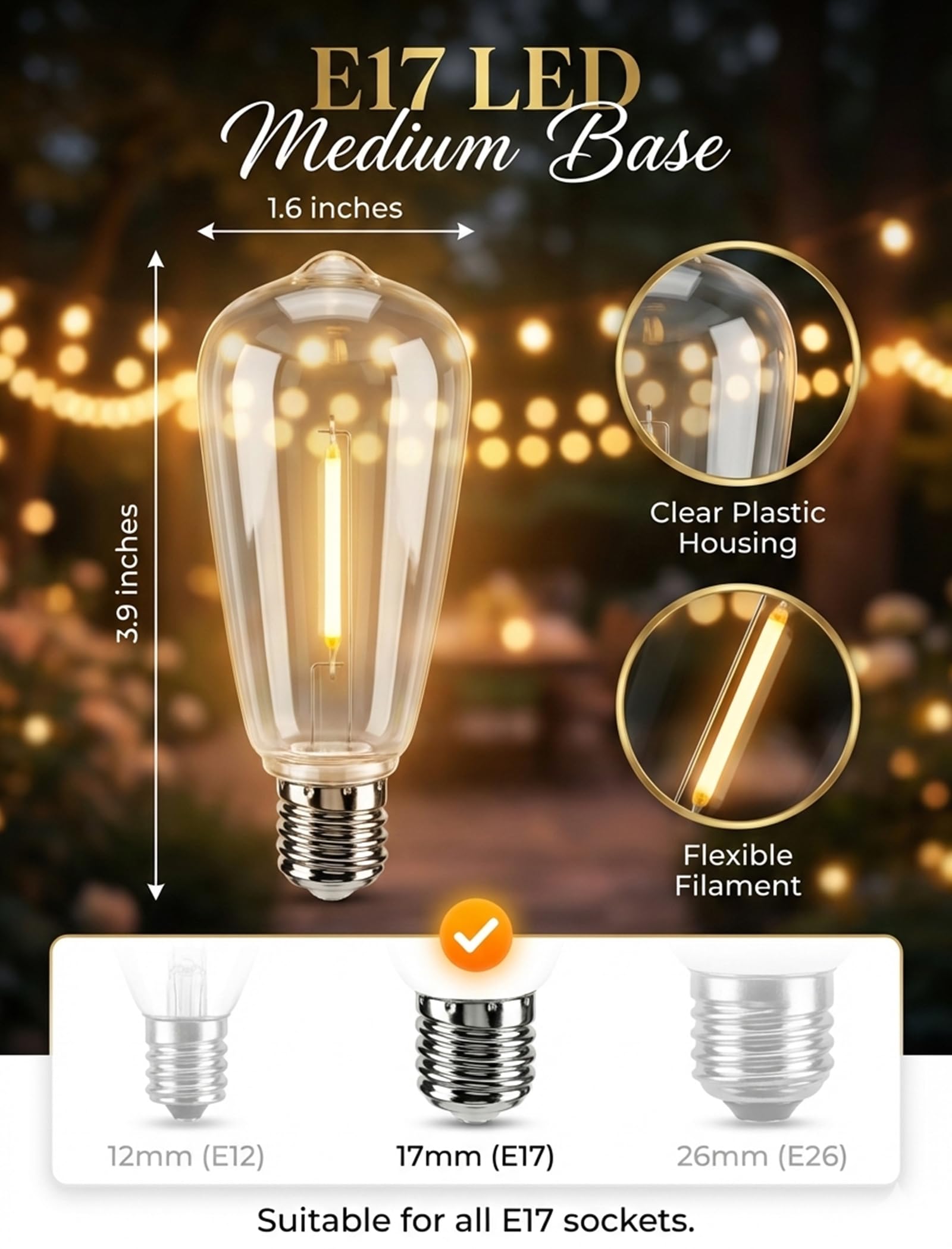 25Pack ST40 LED Replacement Light Bulbs Vintage Edison Waterproof Shatterproof Dimmable E17 LED Bulbs for Indoor Outdoor Patio — view 2